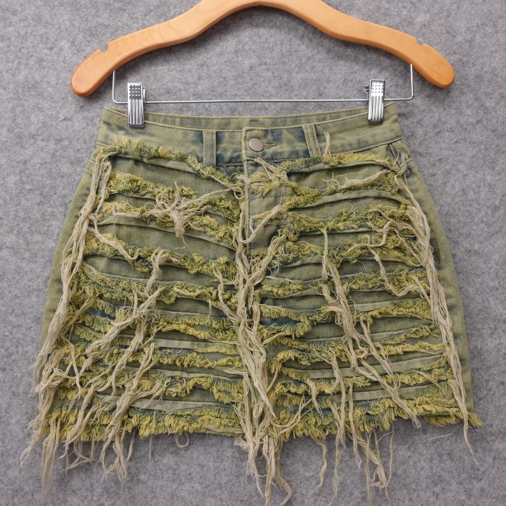 Y2K Fairy Grunge Mini Skirt Womens XS Green Indie Sleaze Denim Distressed Fringe